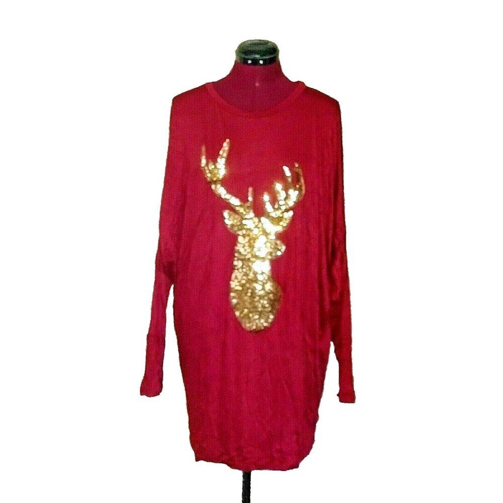 Celeste Women's Maroon Reindeer Sequin Top Size 1X Long Sleeve Shirt Pullover